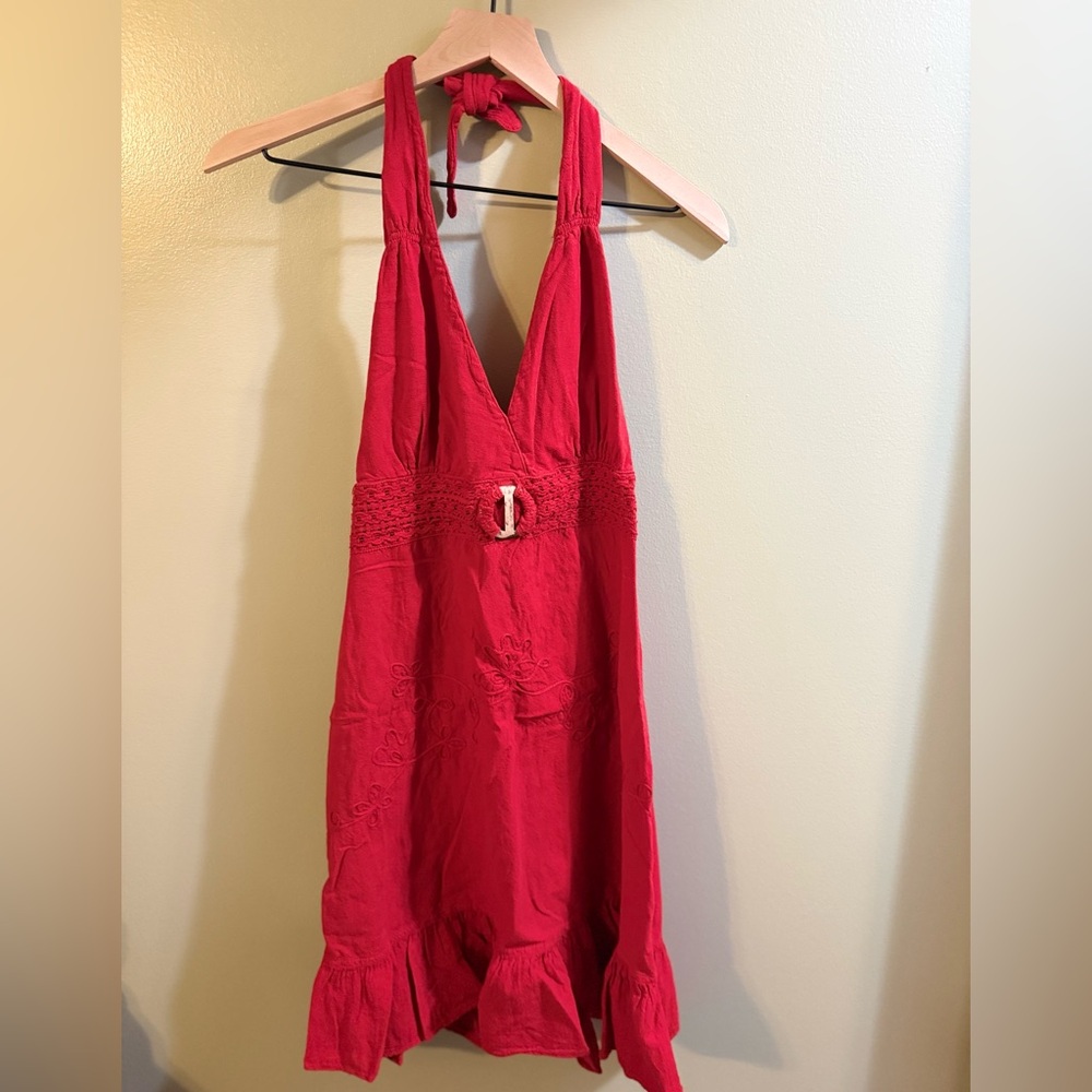 Red Halter Dress with Ruffle Hem